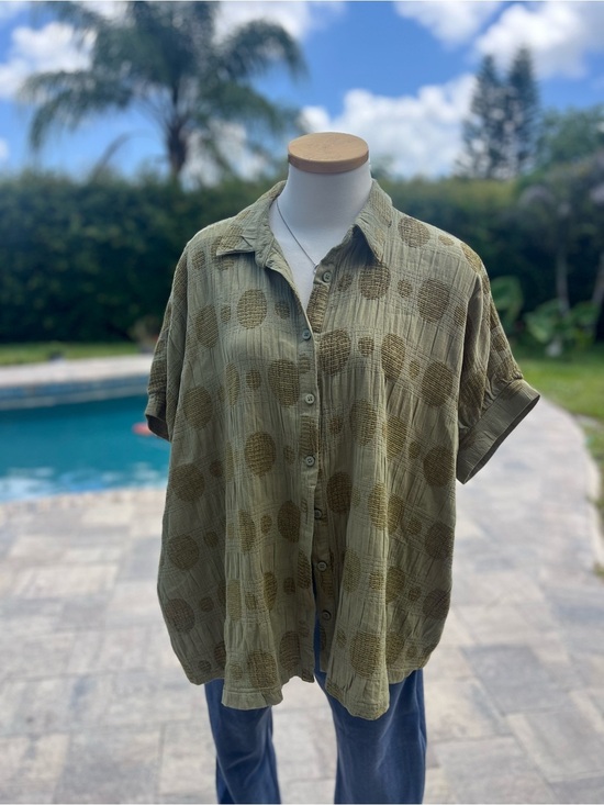 Umgee Tops - Umgee Olive Green Textured Polka Dot Oversized Button Up Top S